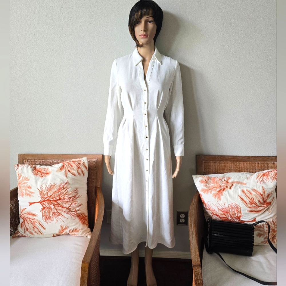Zara White Long-Sleeve Button-Front Midi Dress
